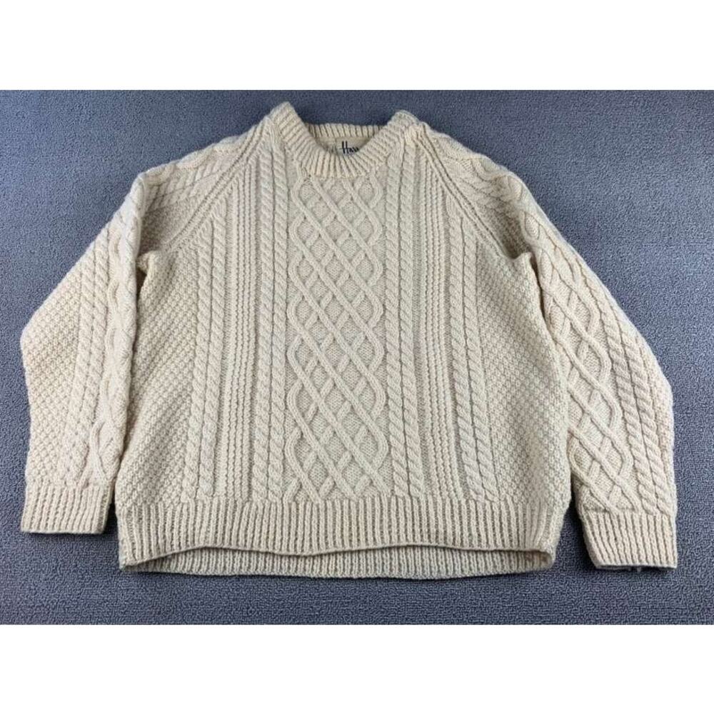 Vintage Harrods Cable Knit Sweater Unisex Medium‎ Beige Crewneck Fisherman Wool